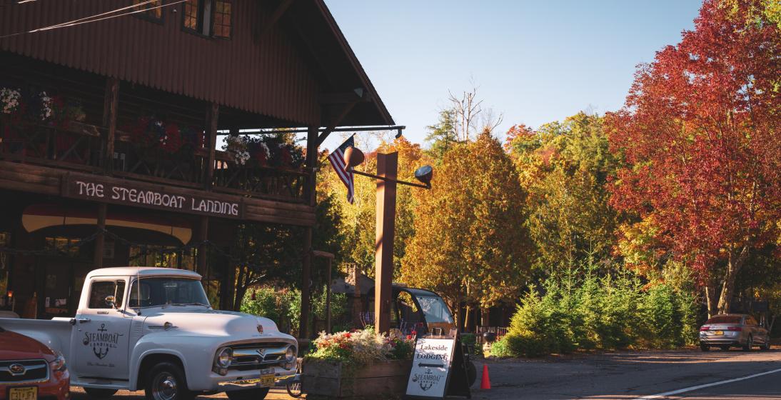 A vintage truck parked in front of a rustic store on a roadside in fall.
