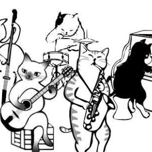 A balck and white drawing of several cats playing instruments