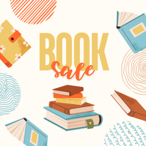 cartoon poster of books and shapes with the words book sale in the center