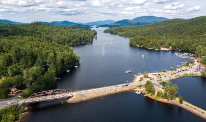 Long Lake and the Spill Way Trail seen from the air in the summer.