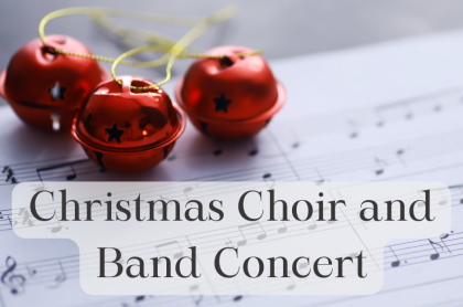 a photo of sheet music with three tiny red Christmas bells on it with the words Christmas Choir and Band Conert