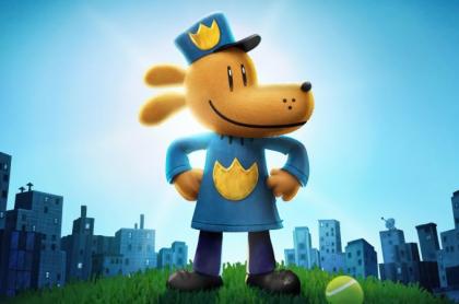 An image of dog man standing in his uniform before the city skyline