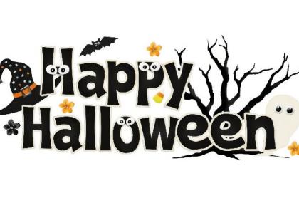 The words Happy Halloween with spooky eyes