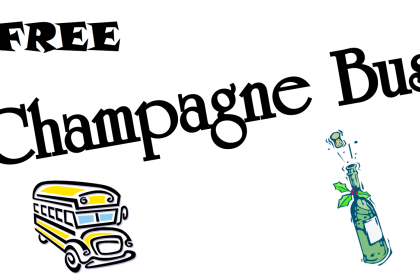 clip art of a yellow bus and a bottle of champagne popping with the words - free champagne bus