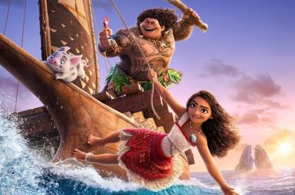 Moana 2 movie poster showing moana and Maui sailing on the water 