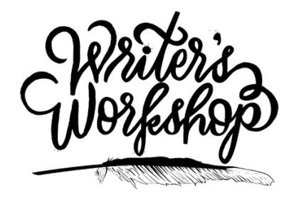 The words in script- writer's workshop with a feather quill underneath