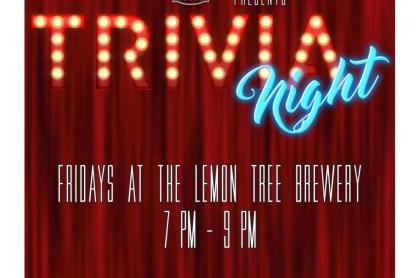 A red velvet stage curtain with the words Trivia night  Fridays at the Lemon Tree 7pm - 9 pm