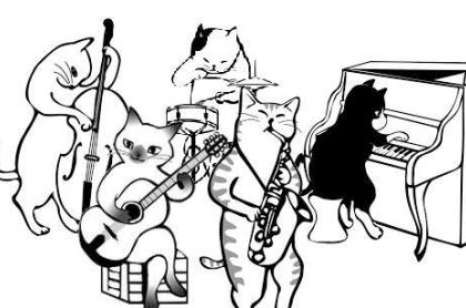 A balck and white drawing of several cats playing instruments