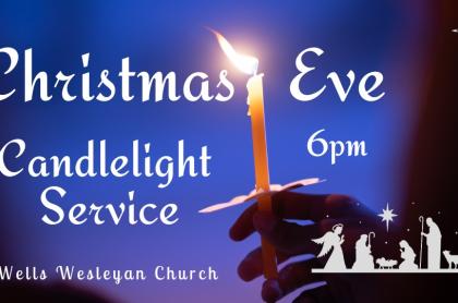 info poster about the Christmas eve candlelight service with a white silhouetteof the nativity scene and a person holding a small candle 