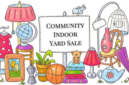 clip art image of a variety if household items surrounding a sign that says community indoor garage sale