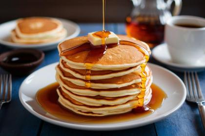 A stack of pancakes with a tab of butter on them and syrup being poured over them