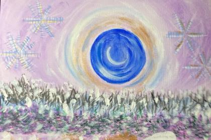 A colorful winter scene painted on canvas