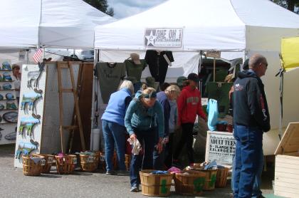 Vendor tents up on a row with people walking amongst them shopping