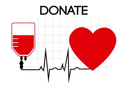 Clip art of a pint of donated blood with a heart beat monitor squiggle connecting to a heart with the word donate above the image 