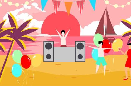 A clip art of a beach scene with a dj and some people on the beach