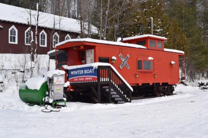 the caboose at Raquette Lake in winter
