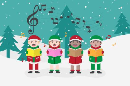 An illustration of four people singing outside in a wintery scene of snow covered hills and pine trees with snow falling and music notes in the air above the carolers.