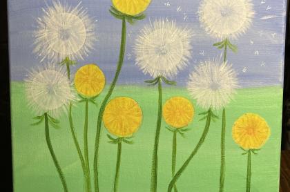 A painting if dandelions both yellow and seeding