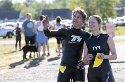 Two Tinman athletes chat before the start of the event.