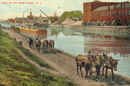 an old post card of the erie canal with donkeys pulling a barge.