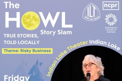 the HOWL story slam flier with a photo of a woman speaking into a microphone