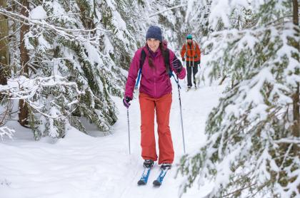 A woman cross-country skiing through the woods after a fresh snowfall