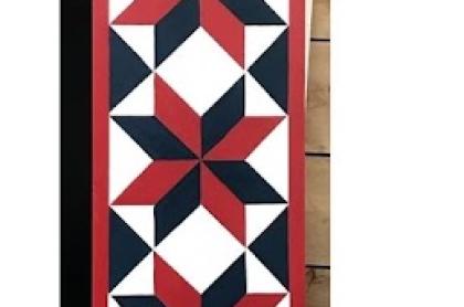 A vertical rectangular painting features three rows of red and navy blue star patterns on a white background.  The stars are geometric and the entire piece is bordered in red.