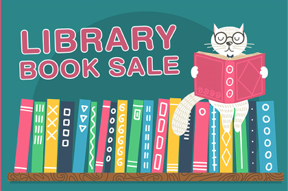 Graphic of a cat wearing glasses sitting on a shelf of colorful books reading a book; text above reads LIBRARY BOOK SALE.