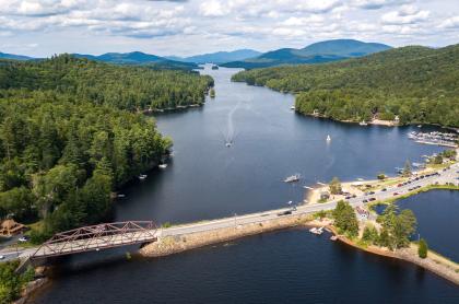 Long Lake and the Spill Way Trail seen from the air in the summer.