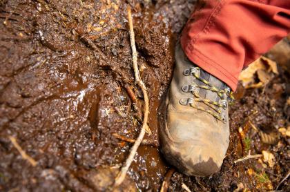 A hiker's boots in the mud