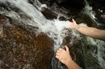 A person lets a brook's water flow through their hand
