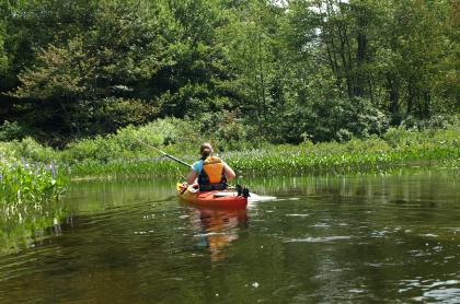 A kayaker in the shallows of The Kunjamuk