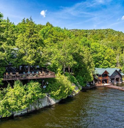 An aerial view over the water of Camp Cliffview.