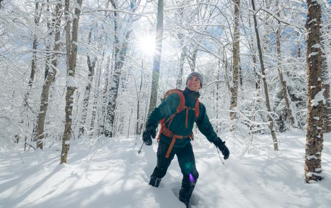 A snowshoer on a winter trail.
