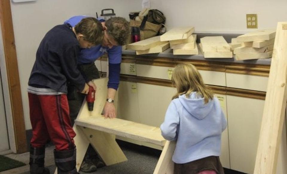 Leopold bench being built by father