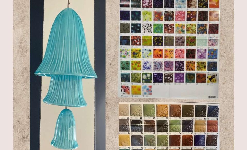 a photo of the wind chimes with a chart of different colored glazes