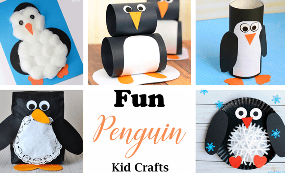 several photo clips of various penguin crafts