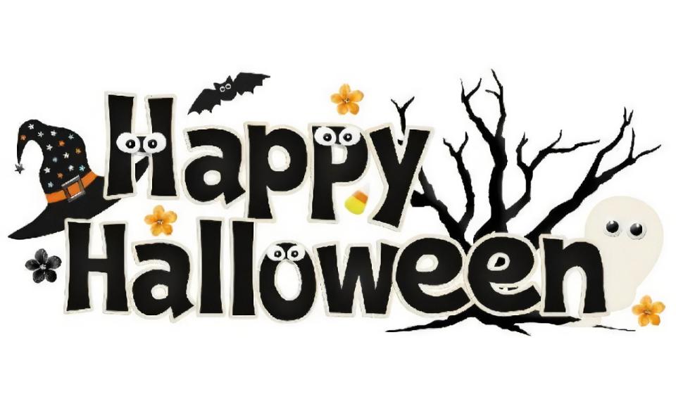 The words Happy Halloween with spooky eyes
