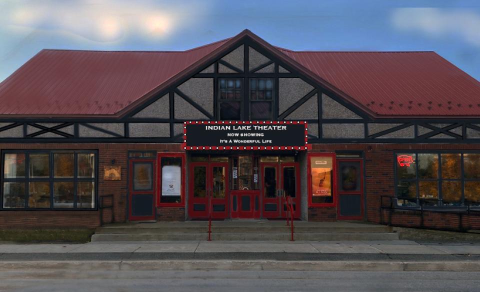 a photo of the movie theater taken outside in front of the building