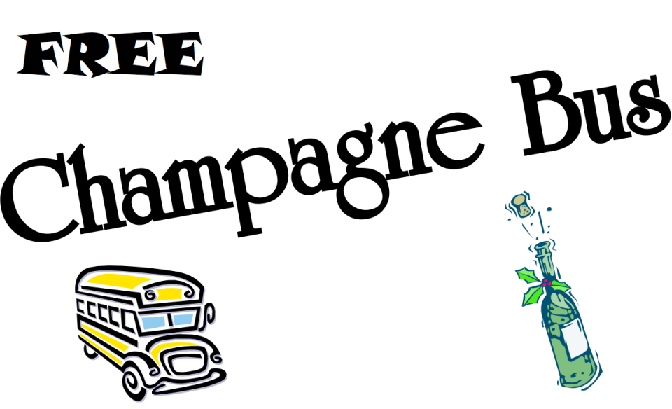 clip art of a yellow bus and a bottle of champagne popping with the words - free champagne bus