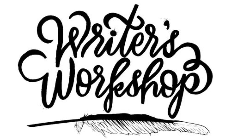 The words in script- writer's workshop with a feather quill underneath