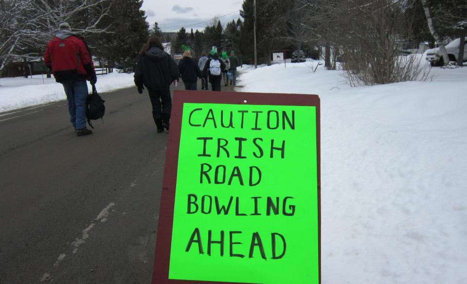 Road sign that reads- Caution Irish Road Bowling Aheah