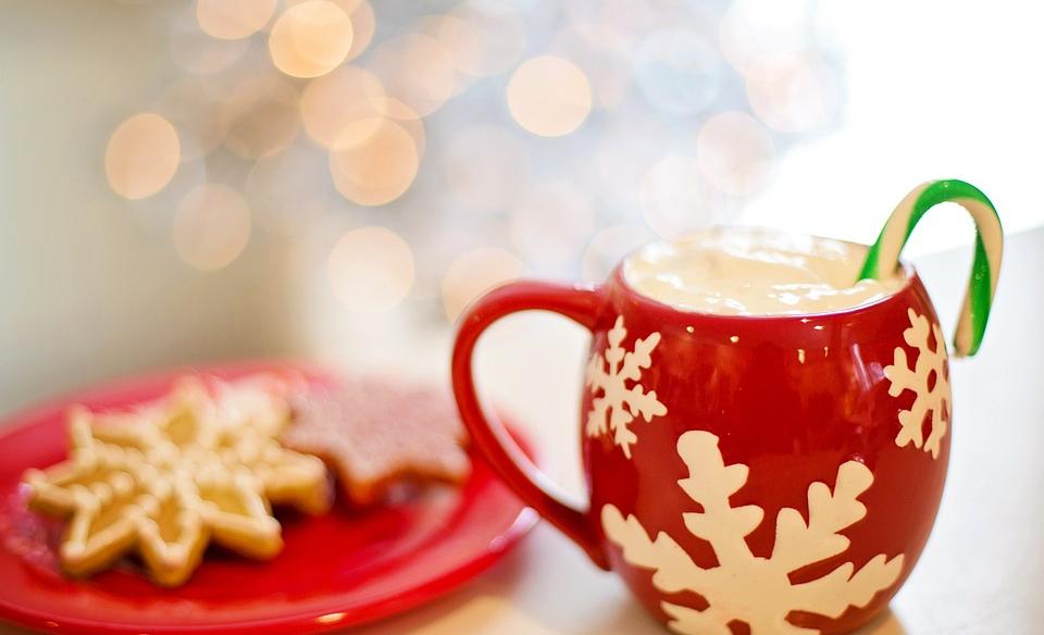 A photo with a couple snowflake cookies on a red plate next to a red mug with white snowflakes with hot cocoa and a candycane in it