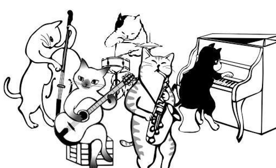A balck and white drawing of several cats playing instruments