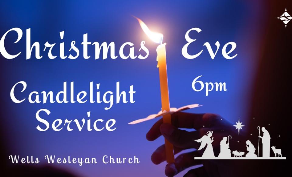 info poster about the Christmas eve candlelight service with a white silhouetteof the nativity scene and a person holding a small candle