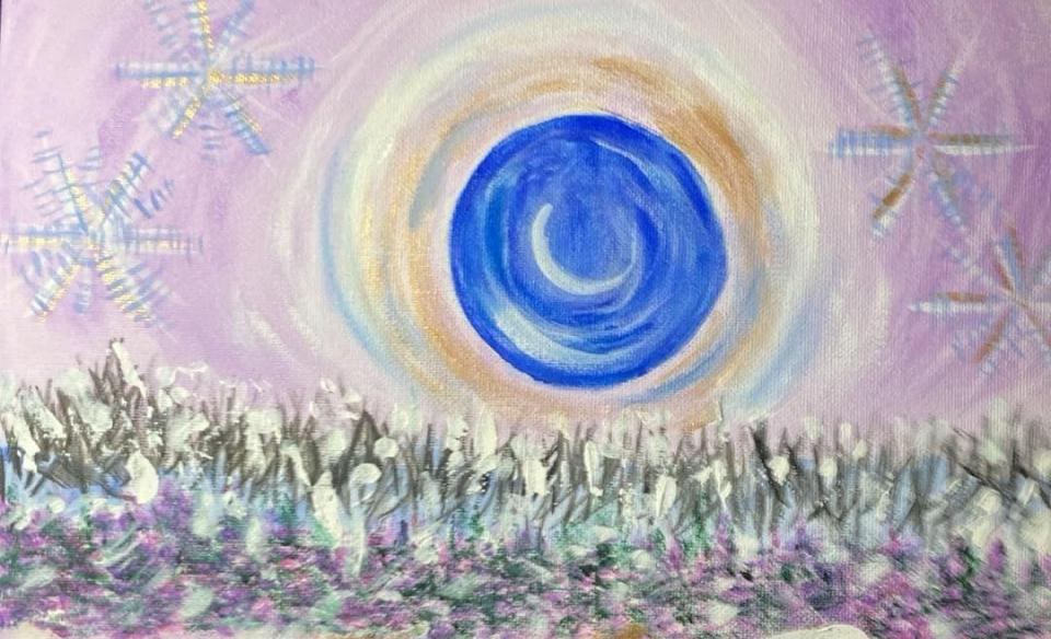 A colorful winter scene painted on canvas