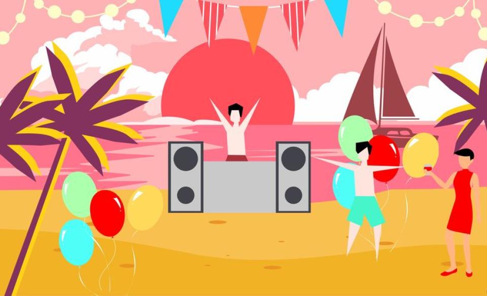 A clip art of a beach scene with a dj and some people on the beach