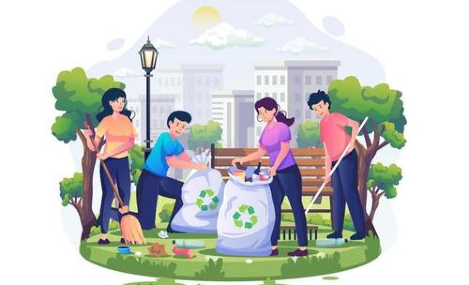 an image of people cleaning up garbage on the ground in a park
