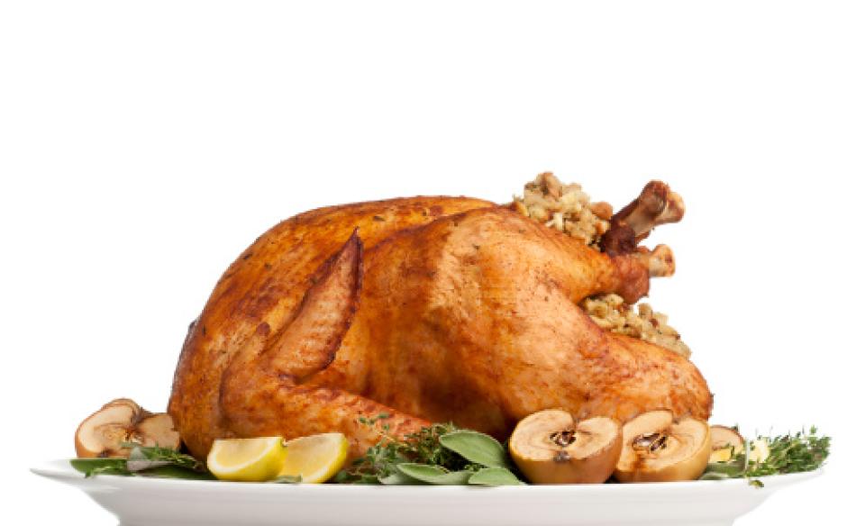A roasted turkey on a platter with garnishings