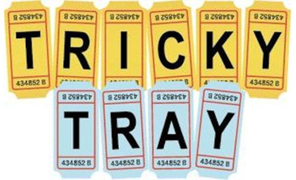 two rows of raffle tickets. the top row has Tricky spelled out on yellow tickets